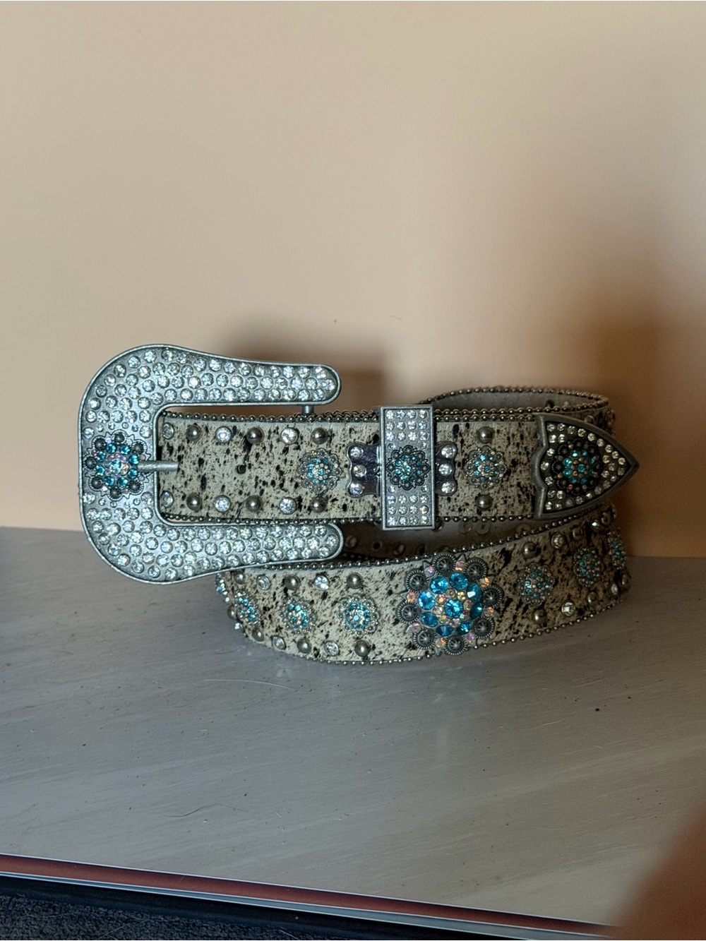 Western Cowgirl Speckled Cowhide Blue Decorated Rhinestones Stars sz L